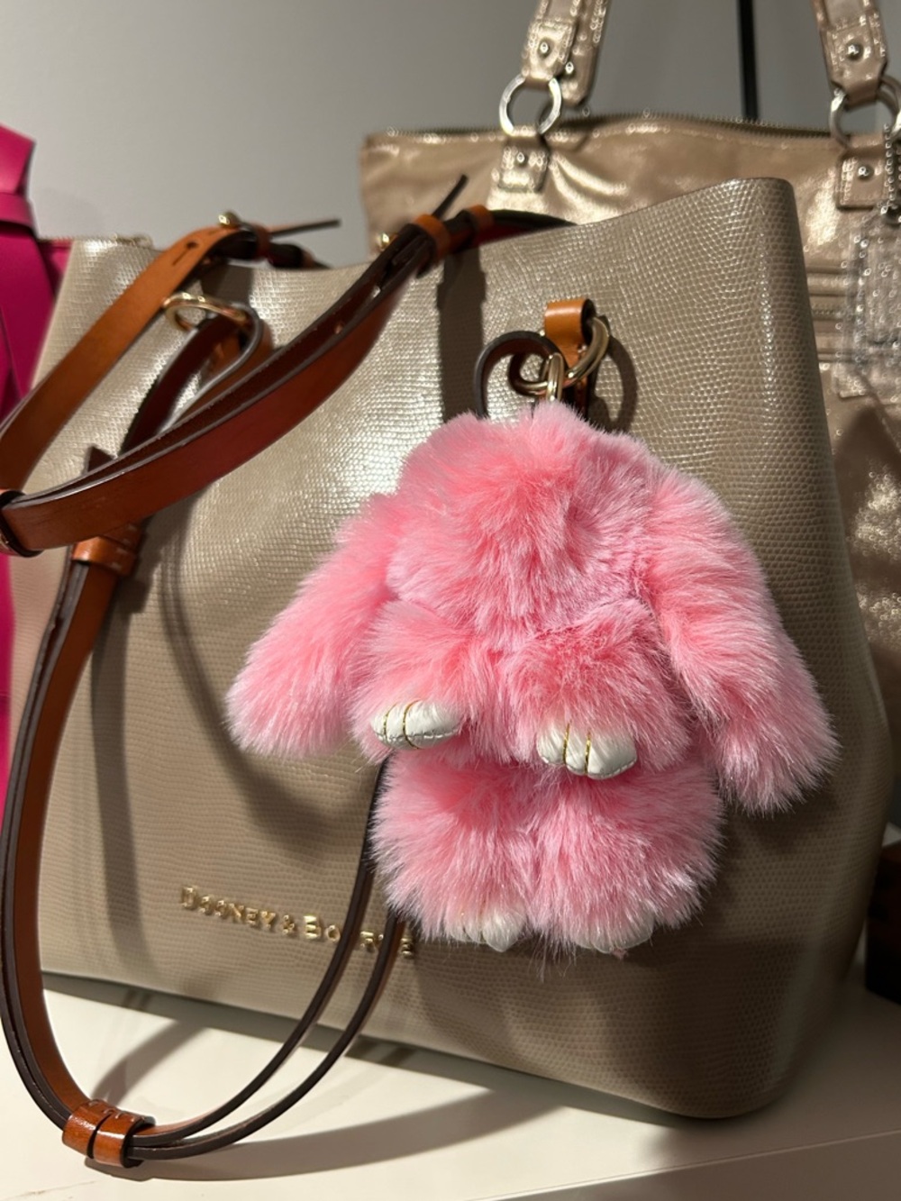 Bag Charm Bunny Pink Faux Fur Pom Pom Keychain